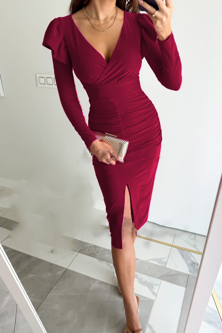 Damen figurbetontes Wickelkleid mit Rüschendetails und seitlichem Schlitz EB