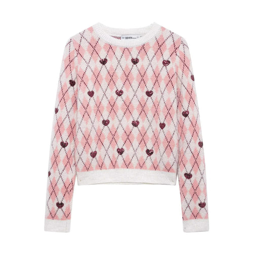 Damen Pullover mit herzförmigem Pattern und Glitzerelementen EB
