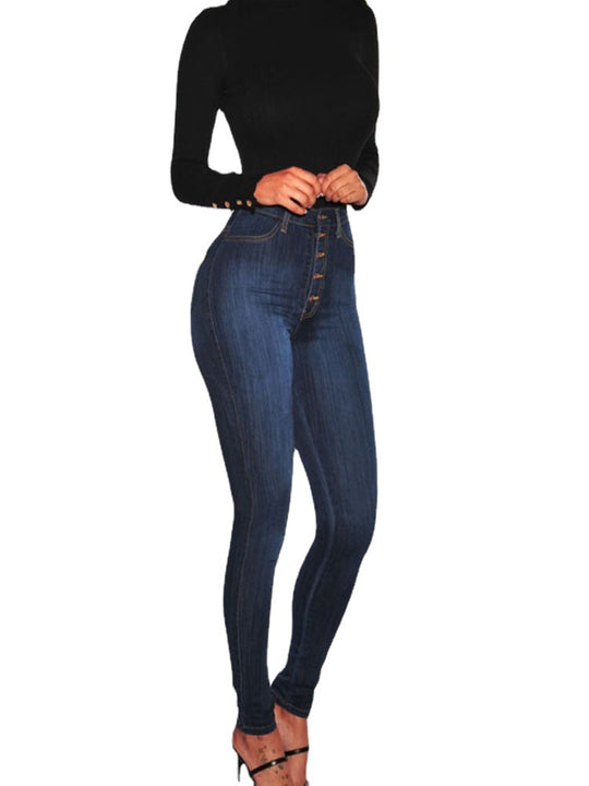 Damen High-Waist Skinny-Jeans mit Knopfdesign und figurbetontem Schnitt EB