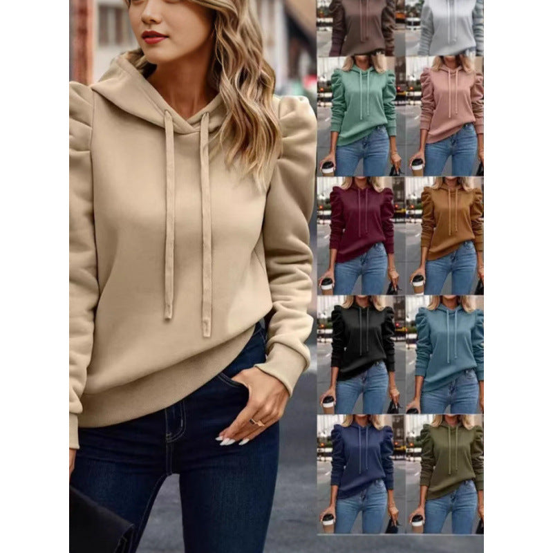 Damen modischer Kapuzenpullover mit Puffärmeln und praktischen Taschen EB