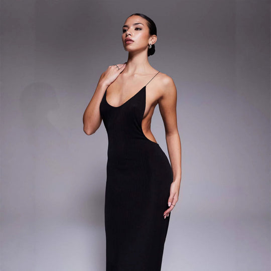 Damen Maxikleid mit tiefem V-Ausschnitt und seitlichen Cut-Outs EB