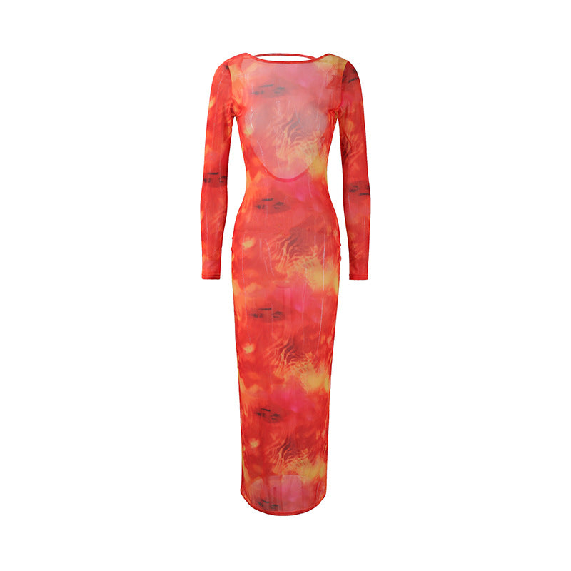 Damen Langarm Maxikleid mit subtilen durchsichtigen Effekten und einzigartigem Farbverlauf EB