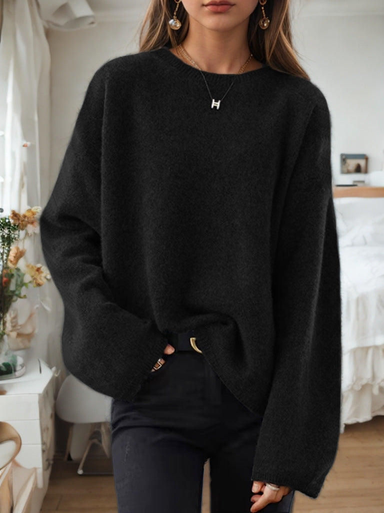 Damen nan lässiger Oversize-Strickpullover mit Rundhalsausschnitt und überschnittener Schulterpartie EB