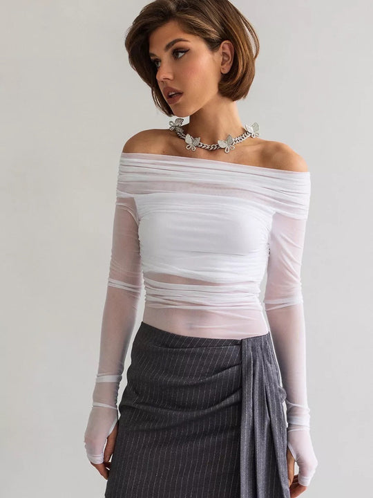 Damen Offshoulder Langarm-Top aus transparentem Netzmaterial EB