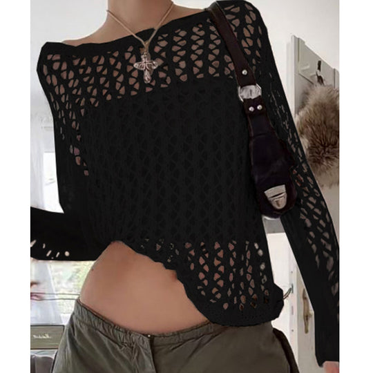 Damen luftiges Häkeloberteil mit weitem Schnitt und transparentem Design EB