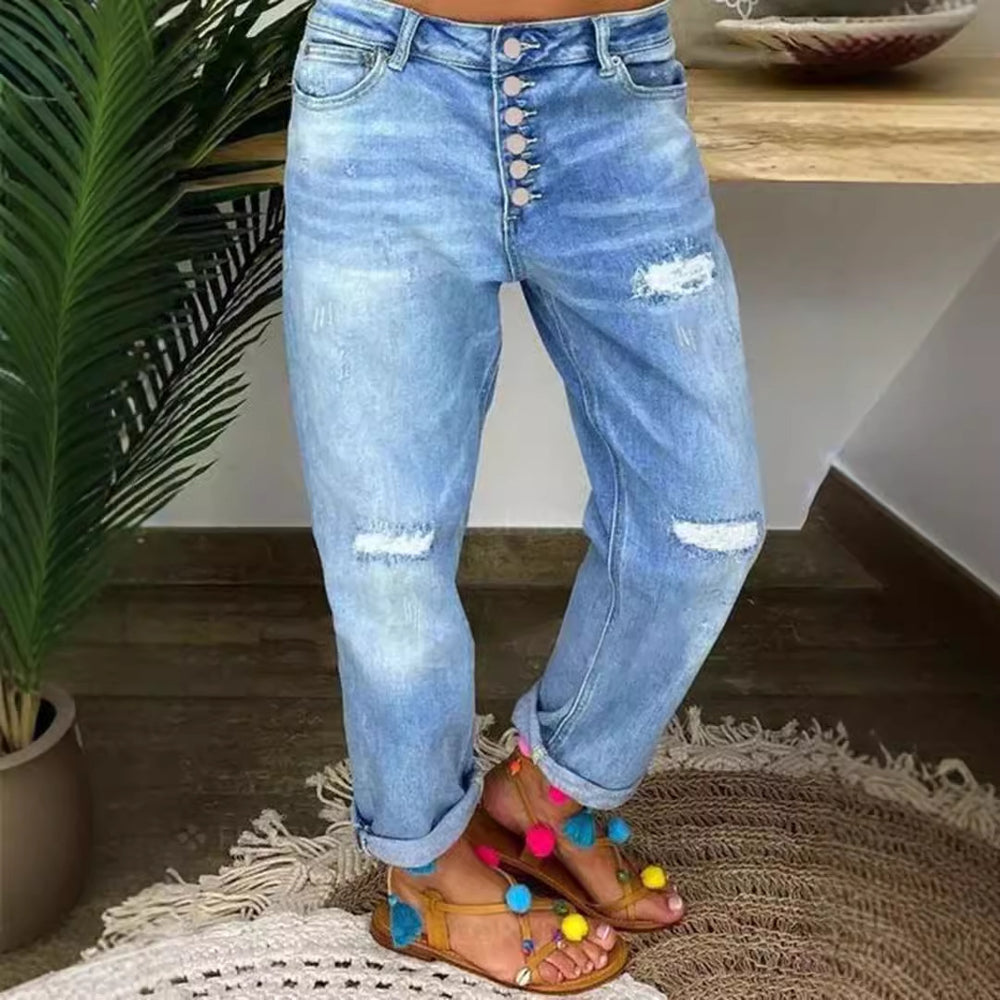 Damen Boyfriend Jeans mit Knopfverschluss und Distressed-Details EB