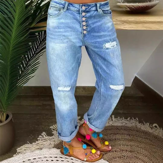 Damen Boyfriend Jeans mit Knopfverschluss und Distressed-Details EB