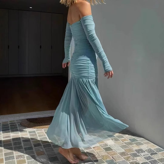 Damen Elegantes Off-Shoulder Maxikleid mit figurbetontem Design und fließendem Rock EB