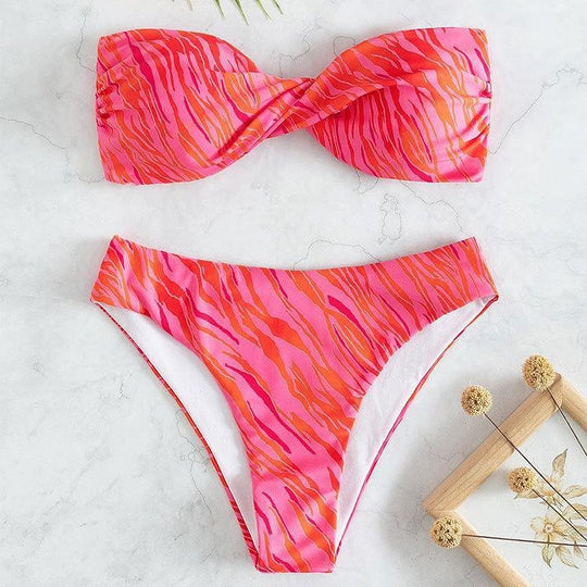 Damen Bandeau-Bikini mit Volant und geschmackvollem Muster EB