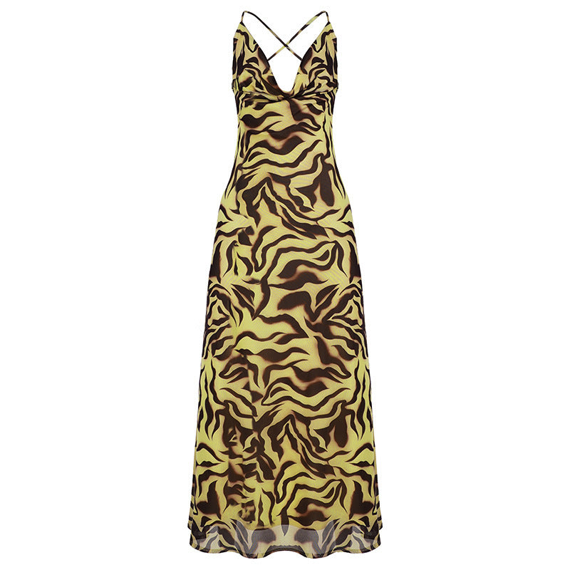 Damen Maxikleid im trendigen Tigerprint-Design mit verführerischem V-Ausschnitt und Spaghetti-Trägern EB