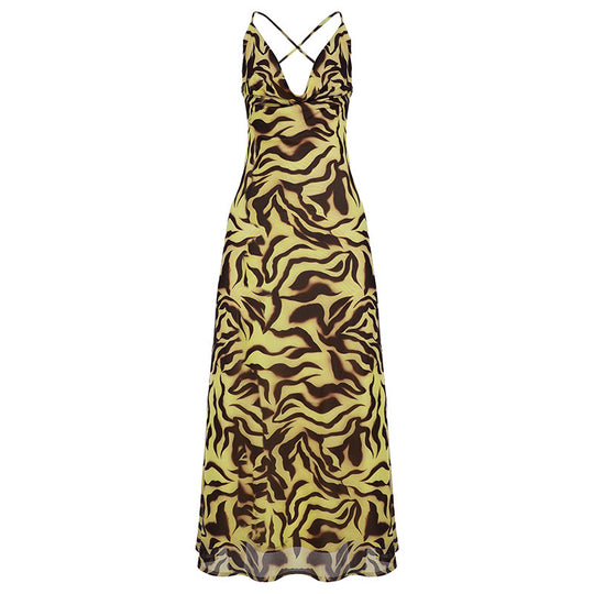 Damen Maxikleid im trendigen Tigerprint-Design mit verführerischem V-Ausschnitt und Spaghetti-Trägern EB