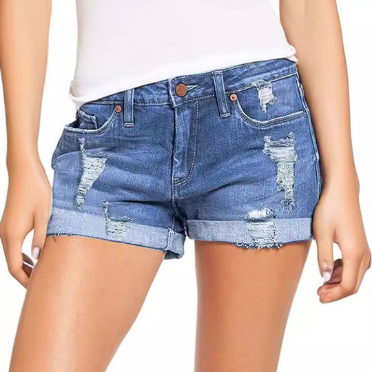 Damen modische Destroyed Denim-Shorts mit umgeschlagenem Saum EB