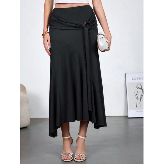Damen Eleganter maxi Rock mit asymmetrischem Schnitt und praktischem Bindegürtel EB