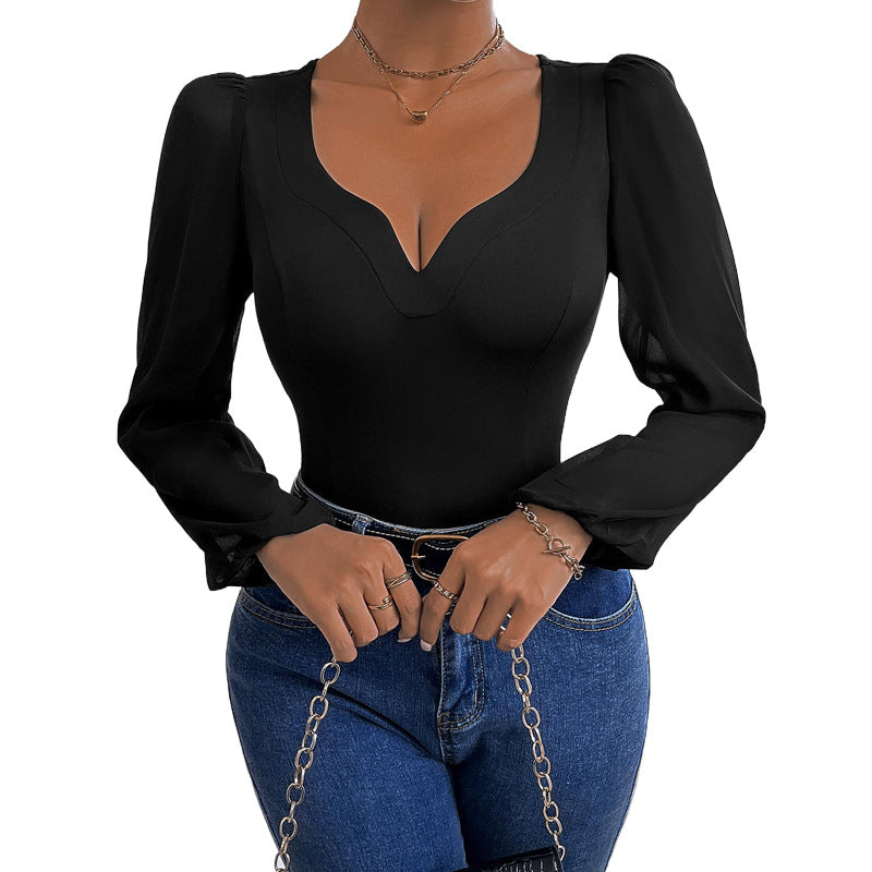 Damen Eleganter Body mit romantischen Puffärmeln und V-Ausschnitt EB