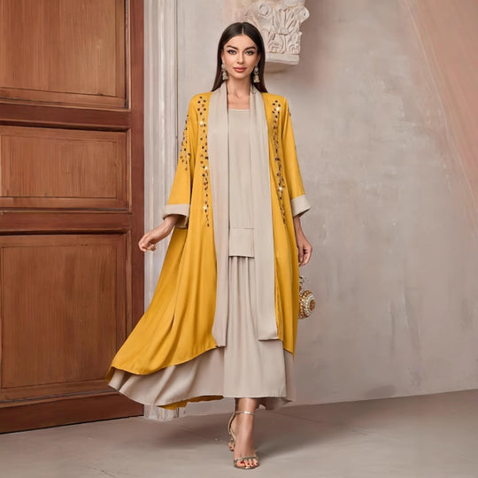 Damen Langarm-Kimono mit dekorativen Applikationen und asymmetrischem Saum EB