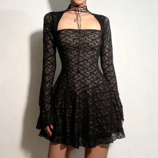 Damen Spitzenkleid mit kurzem Stehkragen und langen Ärmeln EB