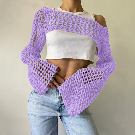 Damen gehäkeltes Langarm-Top mit Off-Shoulder-Design EB