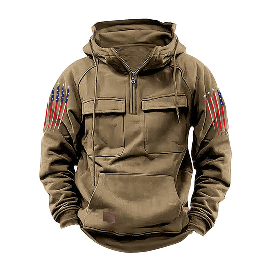 Herren nan Kapuzenpullover mit Halbzip, Cargo-Brusttaschen und Kängurutasche EB