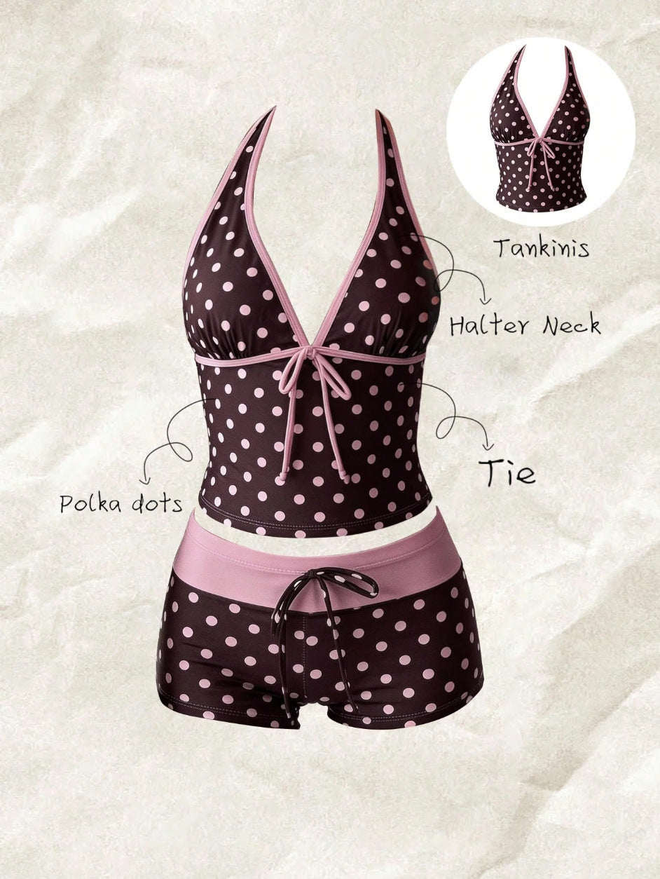 Damen Tankini mit modischem Punktmuster und verstellbarem Halter EB