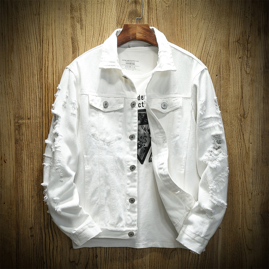 Unisex nan zerrissene Jeansjacke mit weitem Schnitt und aufgesetzten Brusttaschen EB