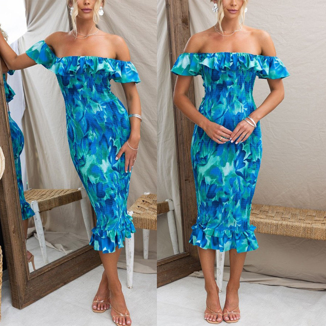Damen Off-Shoulder Kleid mit Rüschen und figurbetonter Passform EB