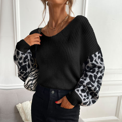 Damen Strickpullover mit modischem Leopardenmuster an den Ärmeln EB
