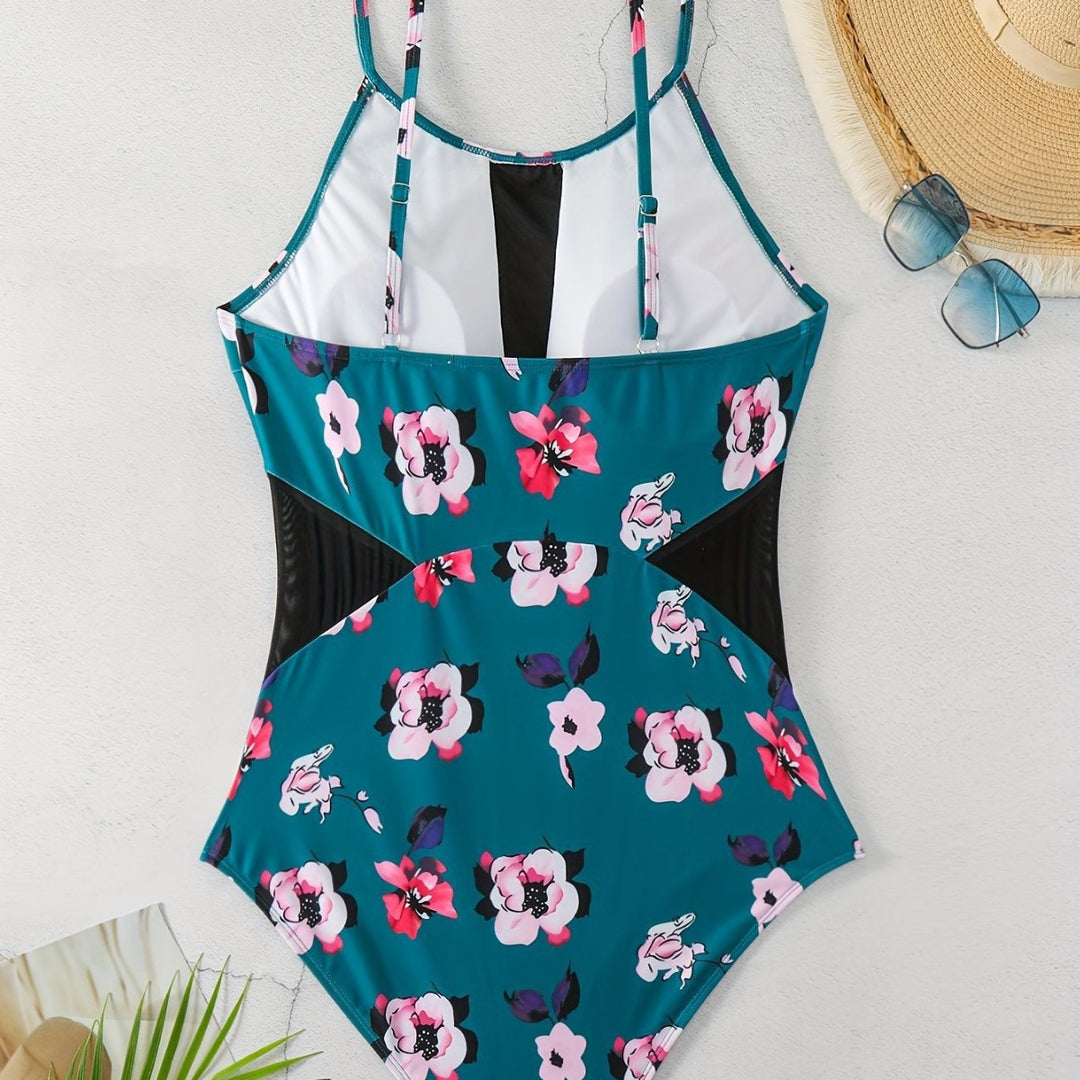 Damen Einteiliger Badeanzug mit modischem floralem Design und schickem Schwarz EB