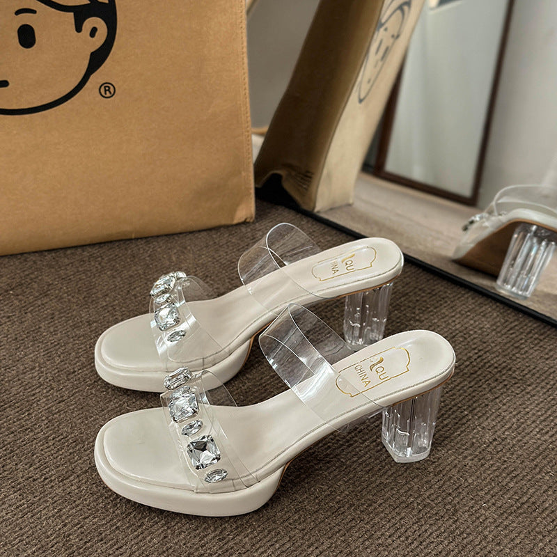 Damen Glamouröse Plateau-Sandalen mit durchsichtigen Riemen und funkelnden Kristall-Akzenten EB