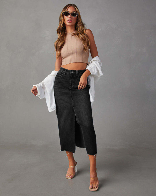 Damen Lässiger Denim Rock mit seitlichem Schlitz und fransigem Saum EB