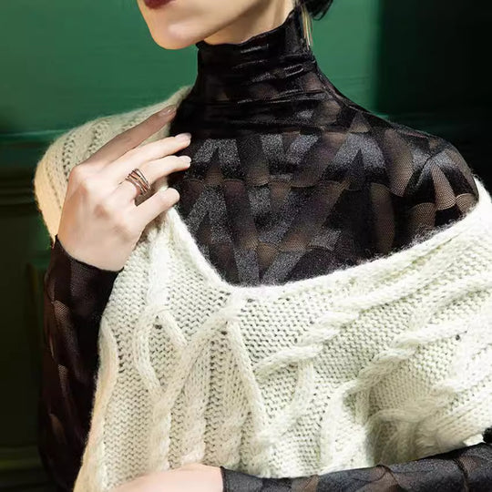 Damen Elegantes Rollkragenoberteil mit geometrischem Muster und transparenten Akzenten EB