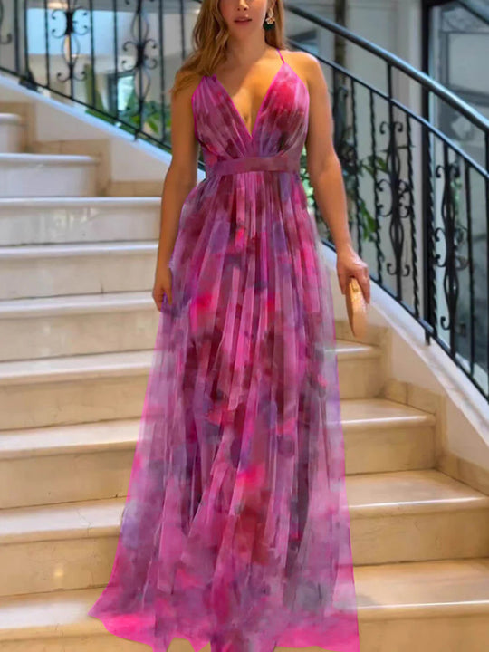 Damen Elegantes Maxikleid mit tiefem V-Ausschnitt und luftigen Stoffschichten EB