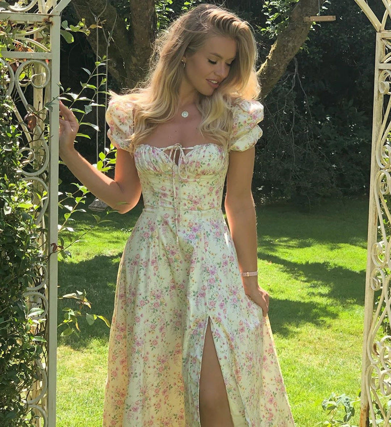 Damen Maxi-Kleid mit Puffärmeln und floralem Design EB