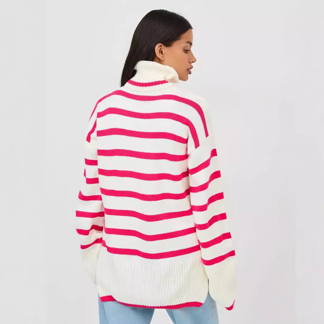 Damen gestrickter Rollkragenpullover mit modernem Streifenmuster und weitem Schnitt EB