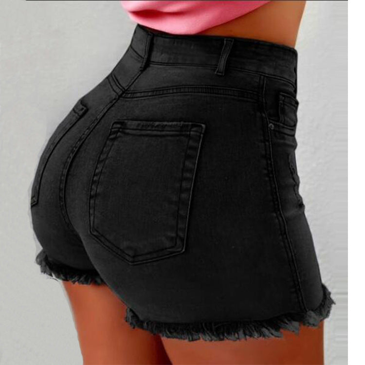 Damen High-Waist Denim-Shorts mit fransigem Saum EB