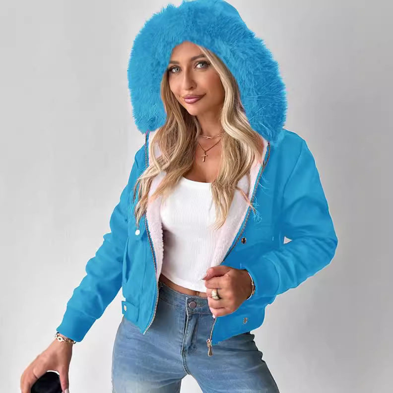 Damen Kurzblouson Winterjacke mit Teddyfutter und abnehmbarer Kunstfellkapuze EB