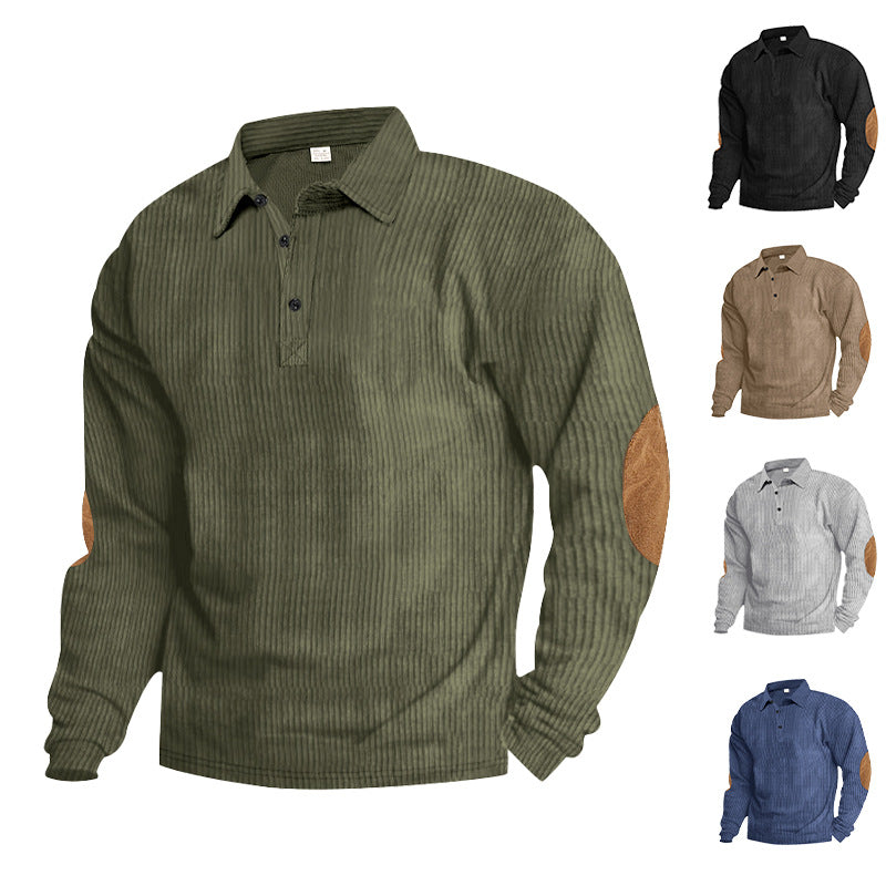 Herren lässiges Langarm-Henley-Shirt mit strukturiertem Rippenstoff und kontrastierenden Ellbogenpatches EB