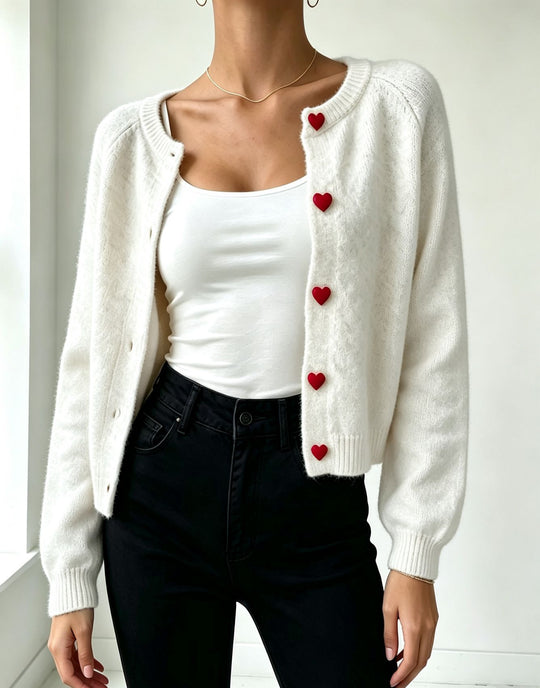 Damen Strickcardigan mit herzförmigen Zierknöpfen und weicher Mohair-Optik EB