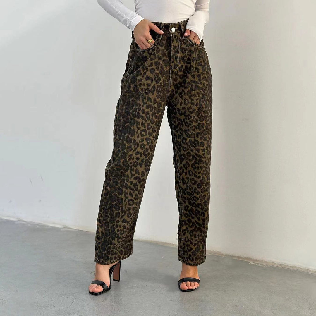 Damen Leo-Print Jeanshose mit hoher Taille und geradem Schnitt EB