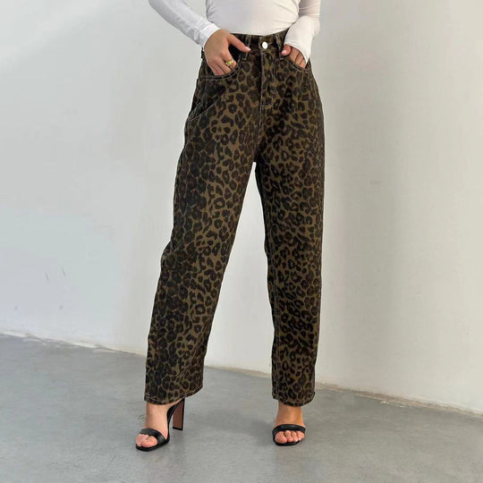 Damen Leo-Print Jeanshose mit hoher Taille und geradem Schnitt EB