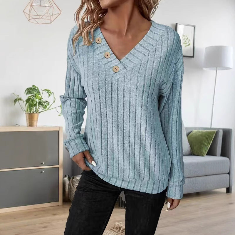 Damen lässiger V-Ausschnitt Pullover mit Knopfdetails und feinem Rippenmuster EB