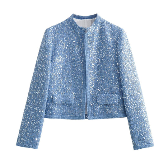 Damen nan strukturierte Boucléjacke mit Stehkragen, aufgesetzten Taschen und elastischem Saum EB