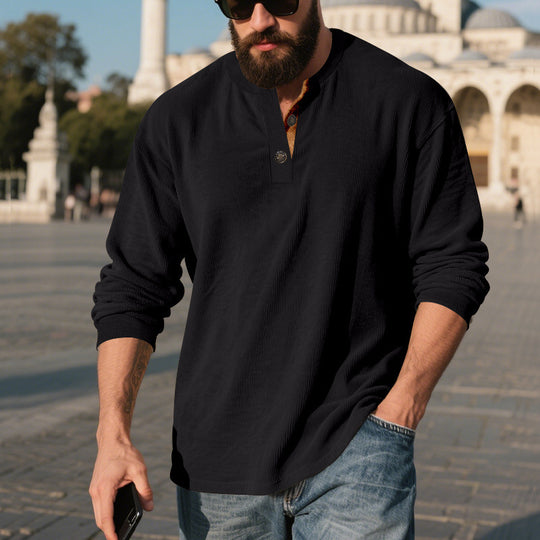 Herren Langarm-Henley-Shirt mit strukturiertem Material und modischen Knopfdetails EB
