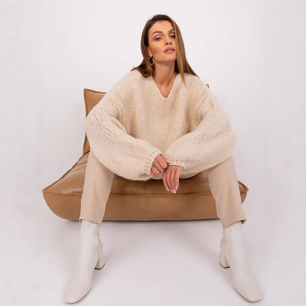 Damen gemütlicher Oversize-Strickpullover mit voluminösen Ärmeln und strukturiertem Design EB