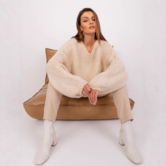 Damen gemütlicher Oversize-Strickpullover mit voluminösen Ärmeln und strukturiertem Design EB
