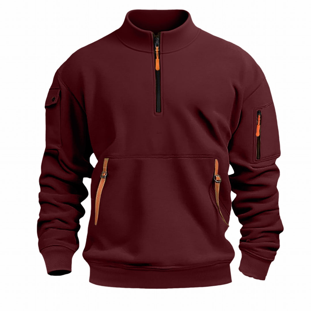 Herren nan Sweatshirt mit Stehkragen, halbem Reißverschluss, Kängurutasche und Ärmeltasche EB