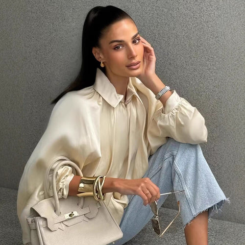 Damen Oversize Satinjacke mit Reißverschluss und elastischem Bündchen EB