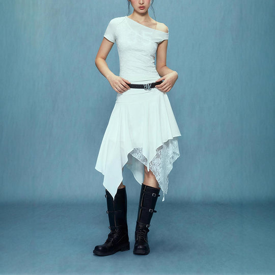 Damen asymmetrischer Spitzenrock mit Raffung und elegantem Design EB