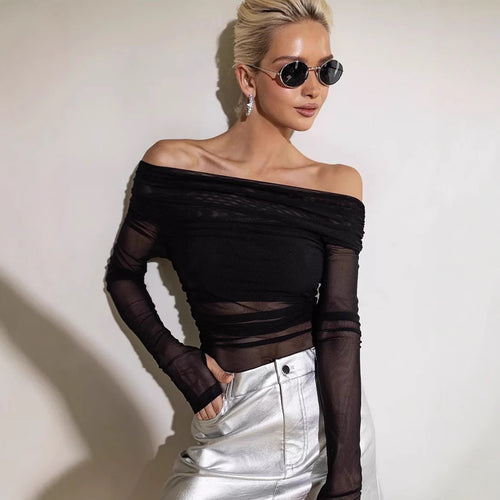 Damen Offshoulder Langarm-Top aus transparentem Netzmaterial EB