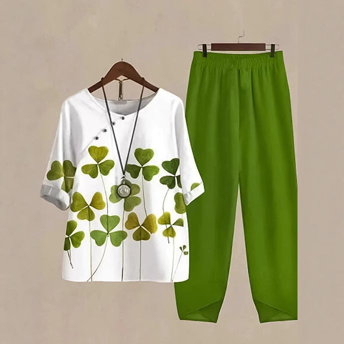 Damen nan zweiteiliges Freizeitset mit Kleeblatt-Print-Tunika und elastischer Komfortbund-Hose EB