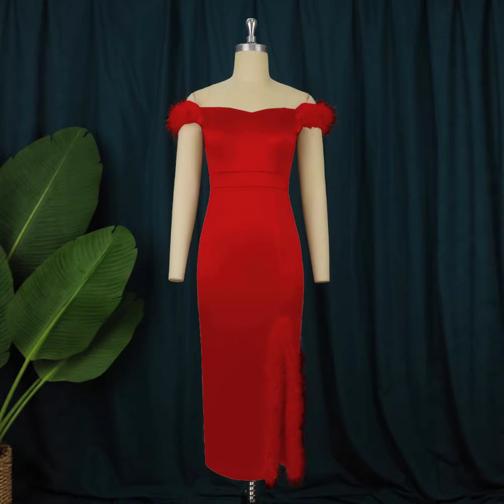 Damen elegantes Abendkleid mit raffinierter Feder-Verzierung EB